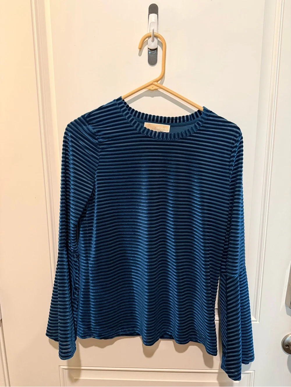 Michael Kors Ribbed Velvet Long-Sleeve Top in Deep Blue